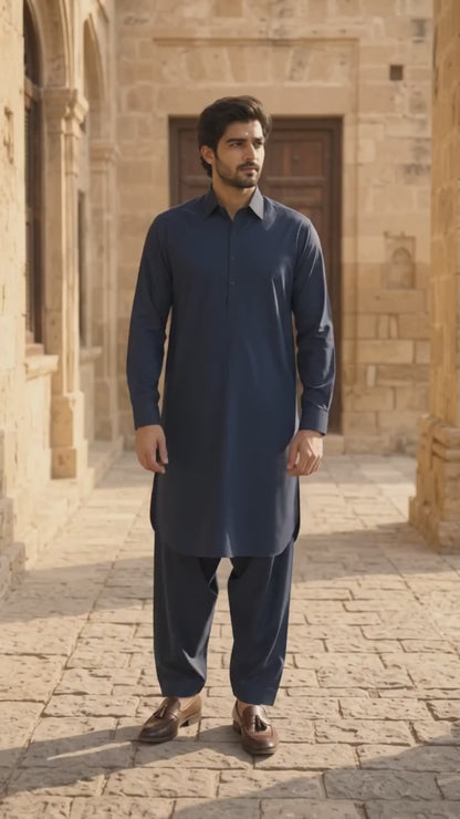 Oxford Blue Textured  Kameez Shalwar